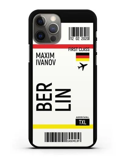 Чехол Авиабилет Берлин с именем, фамилией силиконовый для iPhone 12 Pro