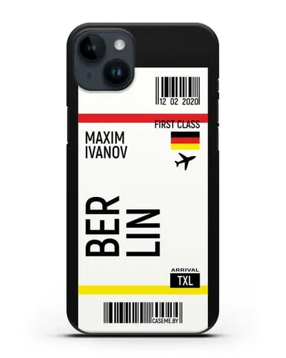 Чехол Авиабилет Берлин с именем, фамилией силиконовый для iPhone 14 Plus