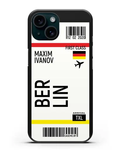 Чехол Авиабилет Берлин с именем, фамилией силиконовый для iPhone 15