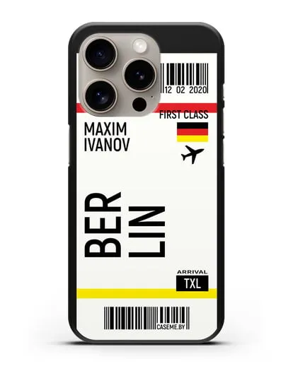Чехол Авиабилет Берлин с именем, фамилией силиконовый для iPhone 15 Pro