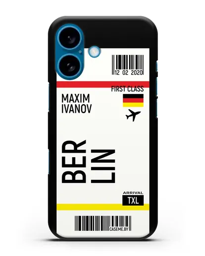 Чехол Авиабилет Берлин с именем, фамилией силиконовый для iPhone 16