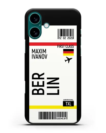 Чехол Авиабилет Берлин с именем, фамилией силиконовый для iPhone 16 Plus