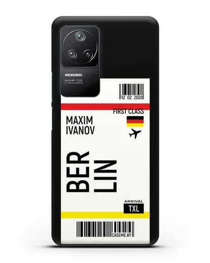 Чехол Авиабилет Берлин с именем, фамилией силиконовый для Xiaomi Poco F4
