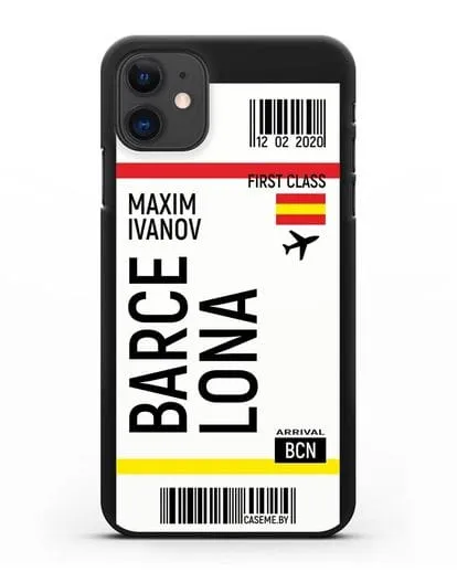 Чехол Авиабилет Барселона с именем, фамилией силиконовый для iPhone 11