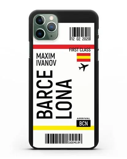 Чехол Авиабилет Барселона с именем, фамилией силиконовый для iPhone 11 Pro
