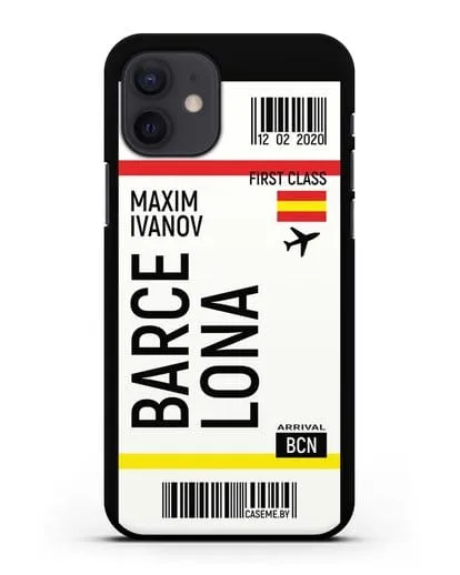 Чехол Авиабилет Барселона с именем, фамилией силиконовый для iPhone 12