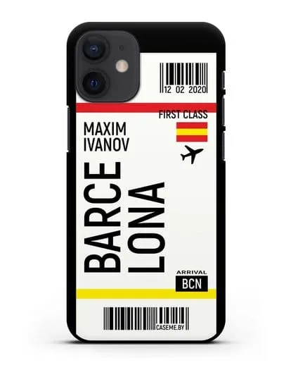 Чехол Авиабилет Барселона с именем, фамилией силиконовый для iPhone 12 mini