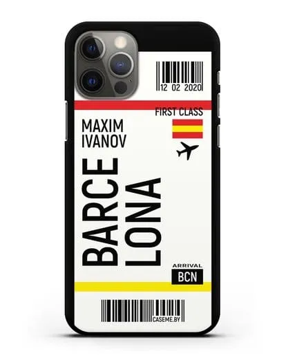 Чехол Авиабилет Барселона с именем, фамилией силиконовый для iPhone 12 Pro
