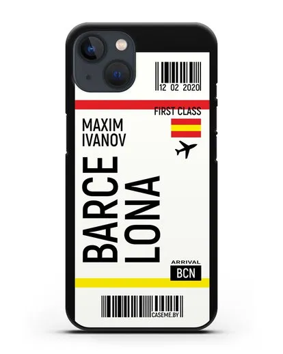 Чехол Авиабилет Барселона с именем, фамилией силиконовый для iPhone 13