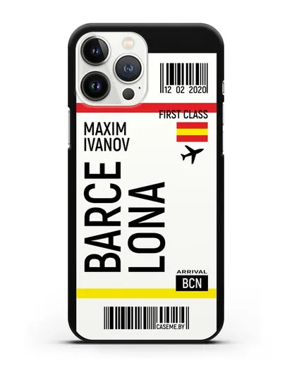 Чехол Авиабилет Барселона с именем, фамилией силиконовый для iPhone 13 Pro Max
