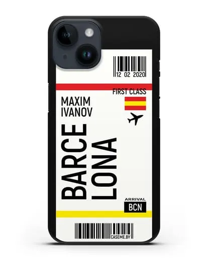 Чехол Авиабилет Барселона с именем, фамилией силиконовый для iPhone 14