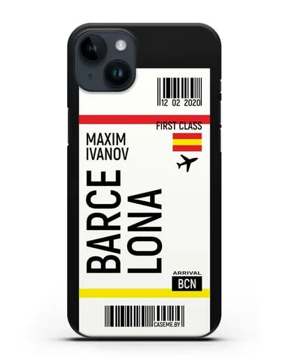 Чехол Авиабилет Барселона с именем, фамилией силиконовый для iPhone 14 Plus