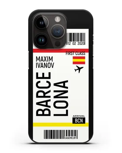 Чехол Авиабилет Барселона с именем, фамилией силиконовый для iPhone 14 Pro