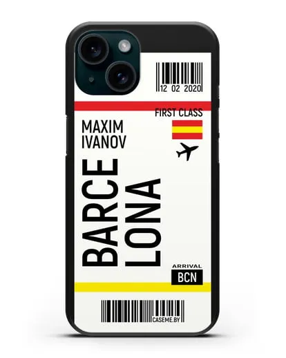 Чехол Авиабилет Барселона с именем, фамилией силиконовый для iPhone 15