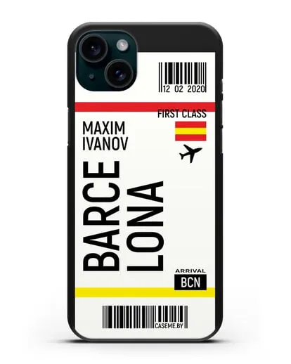 Чехол Авиабилет Барселона с именем, фамилией силиконовый для iPhone 15 Plus