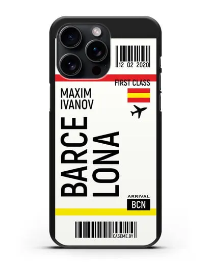 Чехол Авиабилет Барселона с именем, фамилией силиконовый для iPhone 15 Pro Max