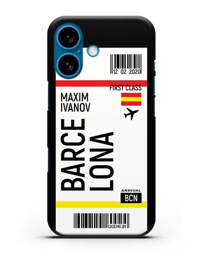 Чехол Авиабилет Барселона с именем, фамилией силиконовый для iPhone 16