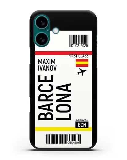 Чехол Авиабилет Барселона с именем, фамилией силиконовый для iPhone 16 Plus