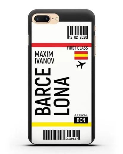Чехол Авиабилет Барселона с именем, фамилией силиконовый для iPhone 8 Plus