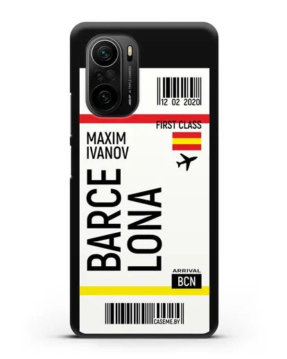 Чехол Авиабилет Барселона с именем, фамилией силиконовый для Xiaomi Poco F3