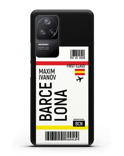 Чехол Авиабилет Барселона с именем, фамилией силиконовый для Xiaomi Poco F4