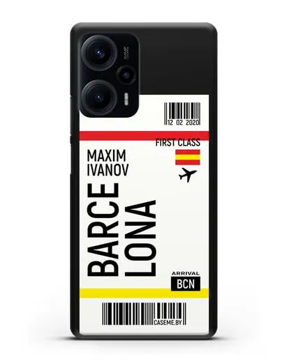 Чехол Авиабилет Барселона с именем, фамилией силиконовый для Xiaomi Poco F5