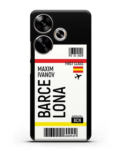 Чехол Авиабилет Барселона с именем, фамилией силиконовый для Xiaomi Poco F6
