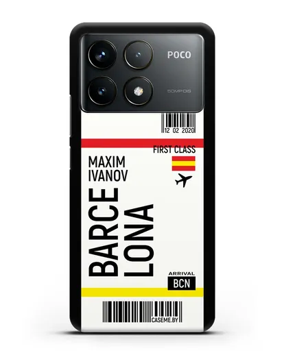 Чехол Авиабилет Барселона с именем, фамилией силиконовый для Xiaomi Poco F6 Pro