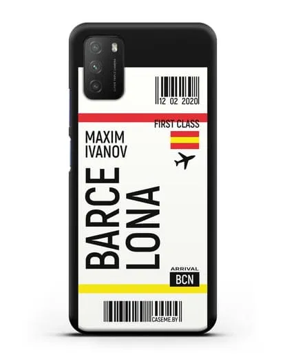 Чехол Авиабилет Барселона с именем, фамилией силиконовый для Xiaomi Poco M3