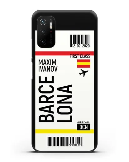 Чехол Авиабилет Барселона с именем, фамилией силиконовый для Xiaomi Poco M3 Pro