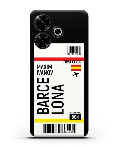 Чехол Авиабилет Барселона с именем, фамилией силиконовый для Xiaomi Poco M6