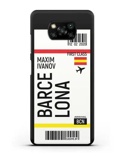 Чехол Авиабилет Барселона с именем, фамилией силиконовый для Xiaomi Poco X3
