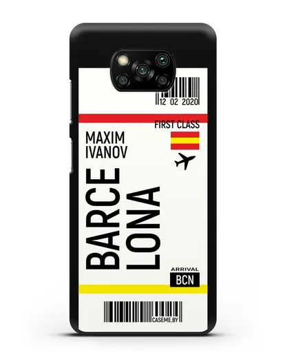 Чехол Авиабилет Барселона с именем, фамилией силиконовый для Xiaomi Poco X3 Pro