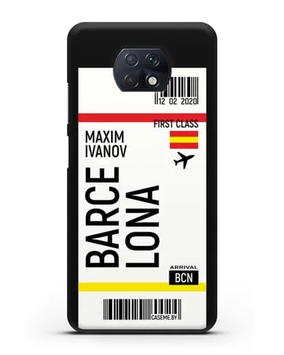 Чехол Авиабилет Барселона с именем, фамилией силиконовый для Xiaomi Redmi Note 9T