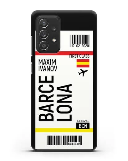 Чехол Авиабилет Барселона с именем, фамилией силиконовый для Samsung Galaxy A53