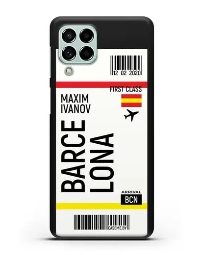 Чехол Авиабилет Барселона с именем, фамилией силиконовый для Samsung Galaxy M53 [SM-M536]