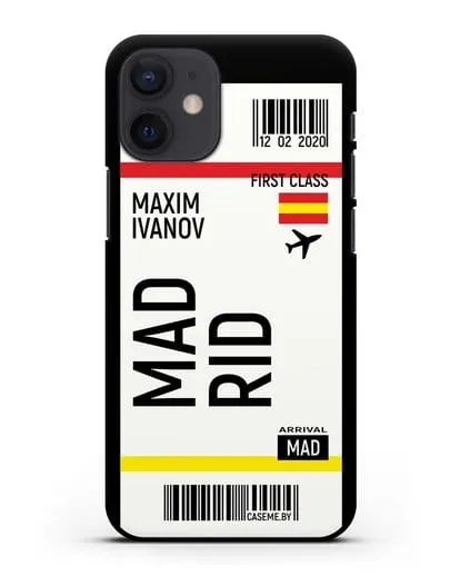 Чехол Авиабилет Мадрид с именем, фамилией силиконовый для iPhone 12 mini