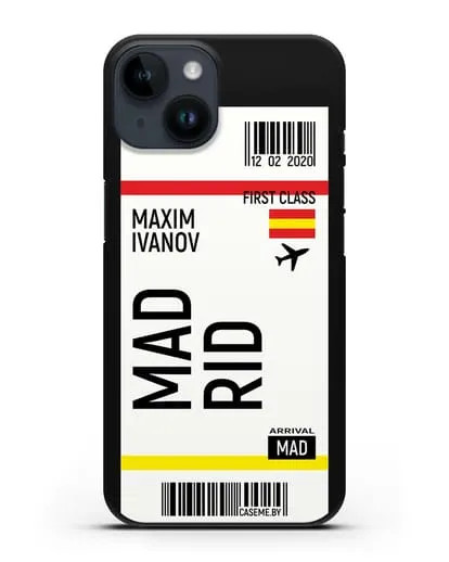 Чехол Авиабилет Мадрид с именем, фамилией силиконовый для iPhone 14