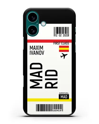 Чехол Авиабилет Мадрид с именем, фамилией силиконовый для iPhone 16 Plus