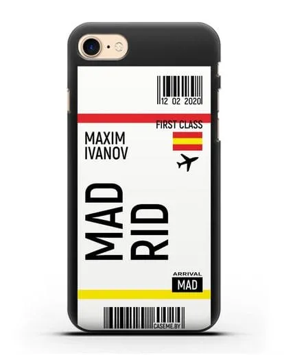 Чехол Авиабилет Мадрид с именем, фамилией силиконовый для iPhone 8