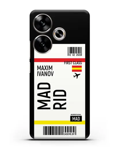 Чехол Авиабилет Мадрид с именем, фамилией силиконовый для Xiaomi Poco F6