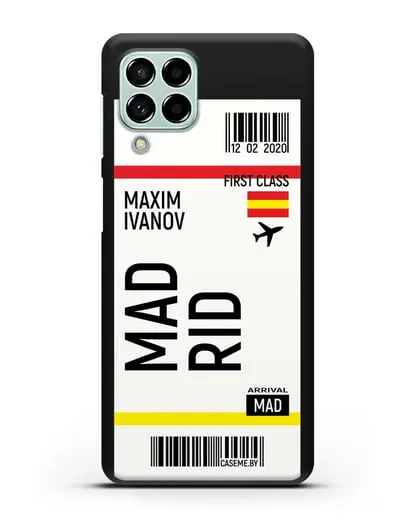 Чехол Авиабилет Мадрид с именем, фамилией силиконовый для Samsung Galaxy M53 [SM-M536]