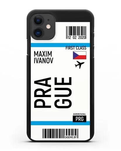 Чехол Авиабилет Прага с именем, фамилией силиконовый для iPhone 11