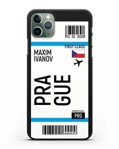 Чехол Авиабилет Прага с именем, фамилией силиконовый для iPhone 11 Pro