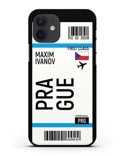 Чехол Авиабилет Прага с именем, фамилией силиконовый для iPhone 12