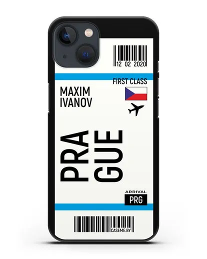 Чехол Авиабилет Прага с именем, фамилией силиконовый для iPhone 13 Mini