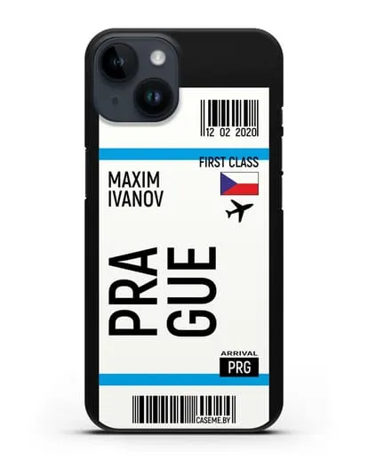 Чехол Авиабилет Прага с именем, фамилией силиконовый для iPhone 14