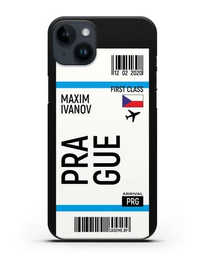 Чехол Авиабилет Прага с именем, фамилией силиконовый для iPhone 14 Plus