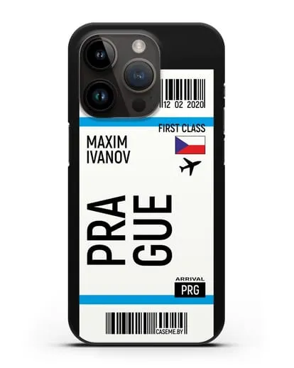 Чехол Авиабилет Прага с именем, фамилией силиконовый для iPhone 14 Pro