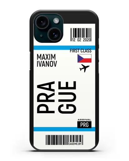 Чехол Авиабилет Прага с именем, фамилией силиконовый для iPhone 15